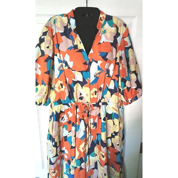 52seven Puff Sleeve Dress Size 16 Colorful Floral Drawstring Waist Pockets - Picture 3 of 6